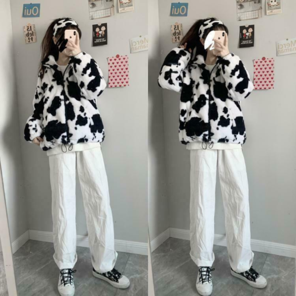 Brand new women's cow print fashionable cardigan fleece warm winter coat outer jacket